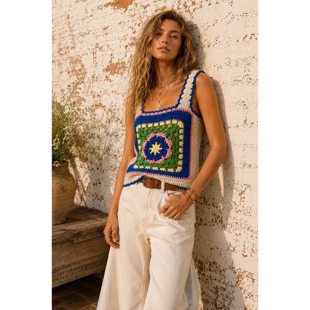 Vintage Handmade Crochet Granny Square Tank Top Boho Hippie Size Small